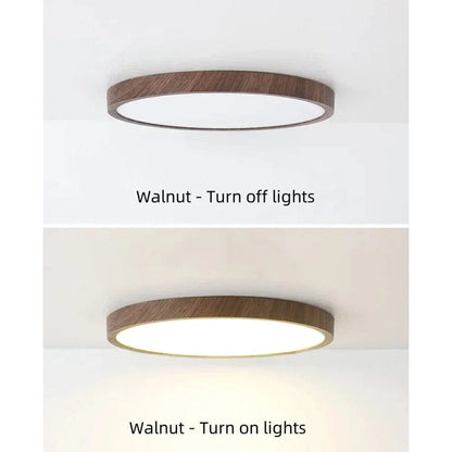 Two views of the walnut-finish light on a ceiling, one switched off and one switched on with a warm glow. 2