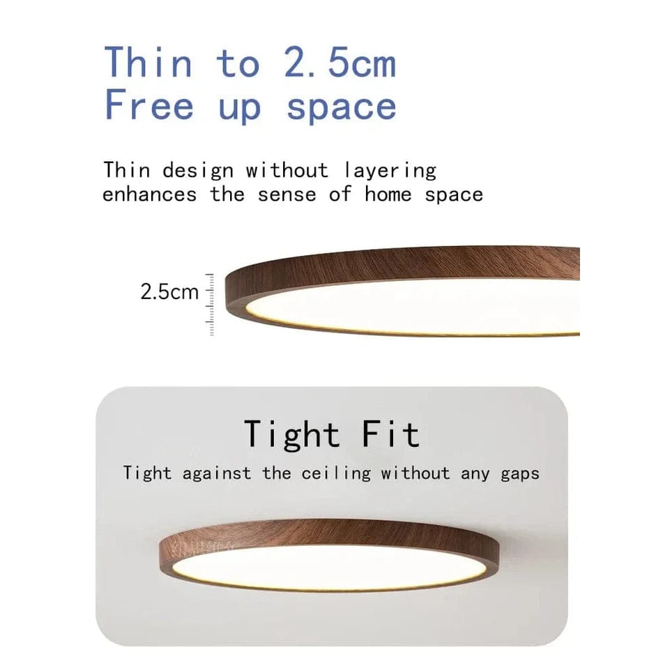 Close-up of the slim edge showing the light's thickness, plus the walnut light sitting tight against the ceiling. 3