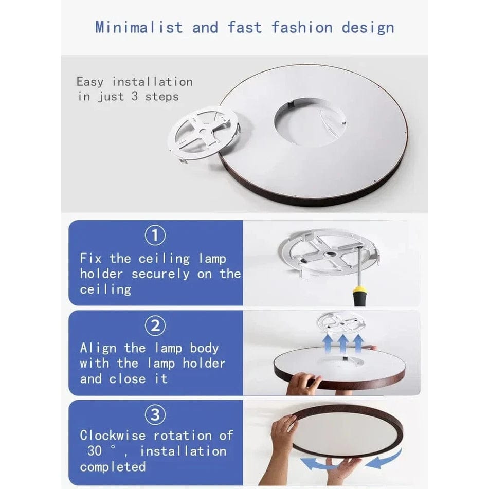Three-step installation guide showing the bracket being screwed to the ceiling, the lamp body aligned, then twisted into place. 5