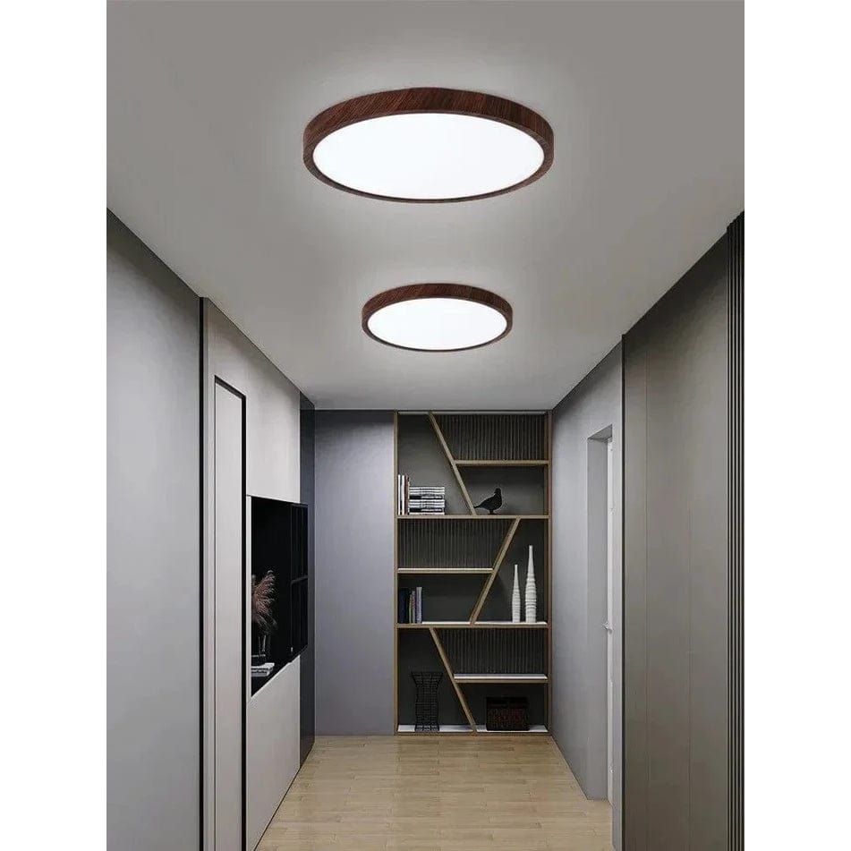 Two walnut-finish round lights lit on the ceiling of a grey hallway with a shelving unit at the end. 6