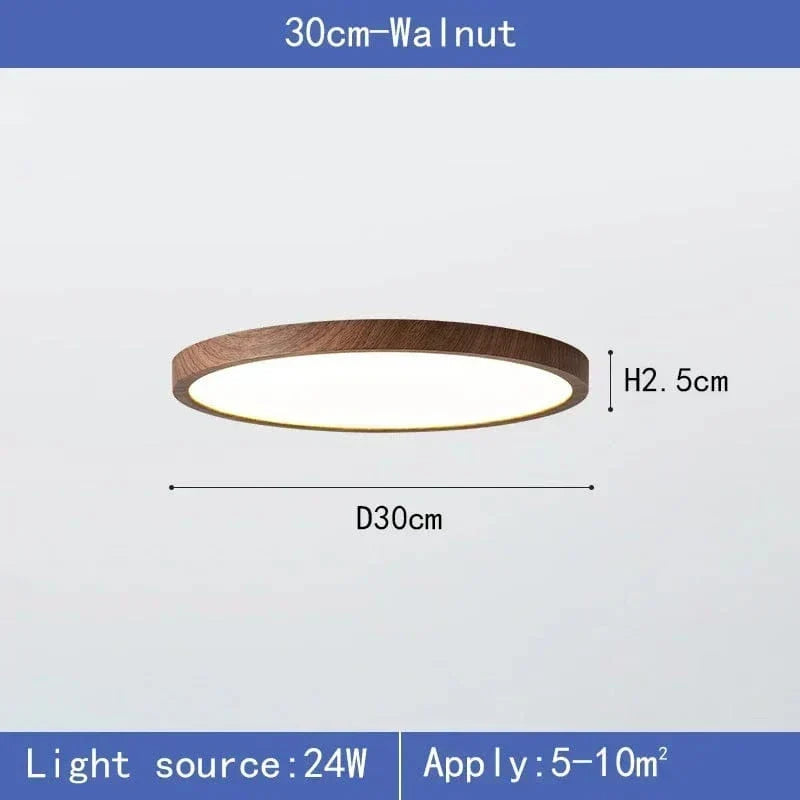 Walnut-finish 30 cm light shown side-on with diameter and height dimensions, plus its wattage and suggested room size. 7