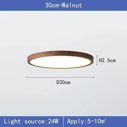 Walnut-finish 30 cm light shown side-on with diameter and height dimensions, plus its wattage and suggested room size. 7