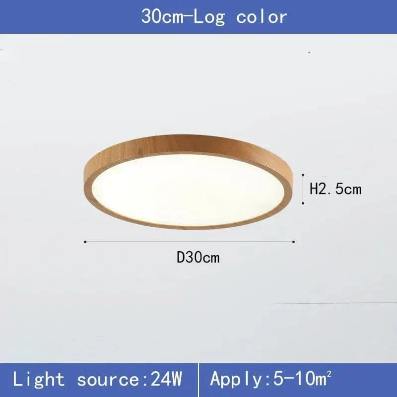 Light natural wood-finish 30 cm light with diameter and height dimensions, wattage and suggested room size. 9