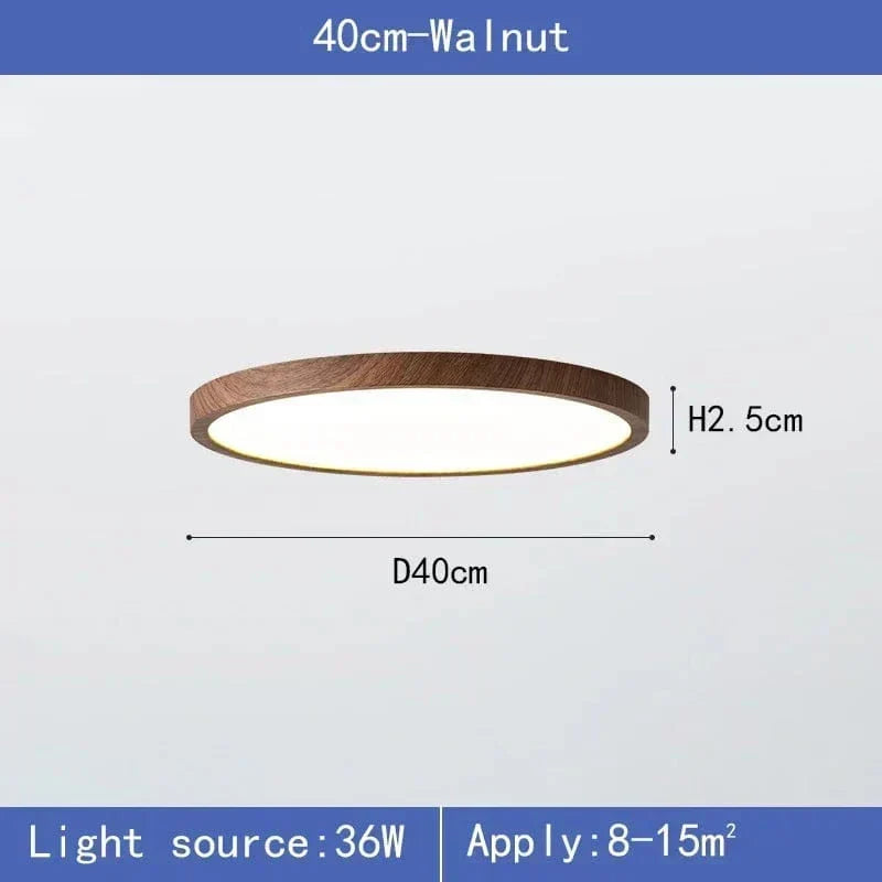Walnut-finish 40 cm light with diameter and height dimensions, wattage and suggested room size. 10
