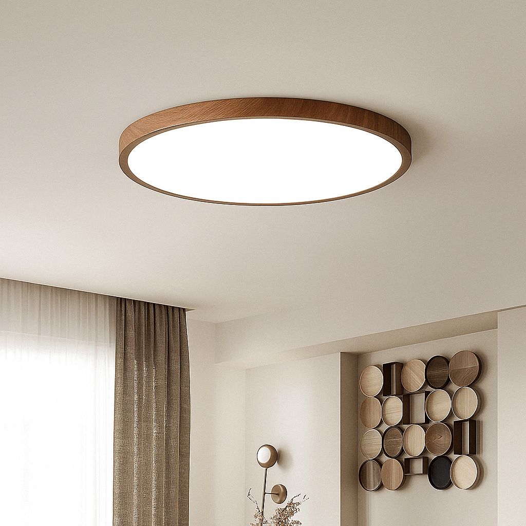 Walnut-toned round light fitted flat to the ceiling of a calm living space with curtains and a wall display of wooden discs. 11
