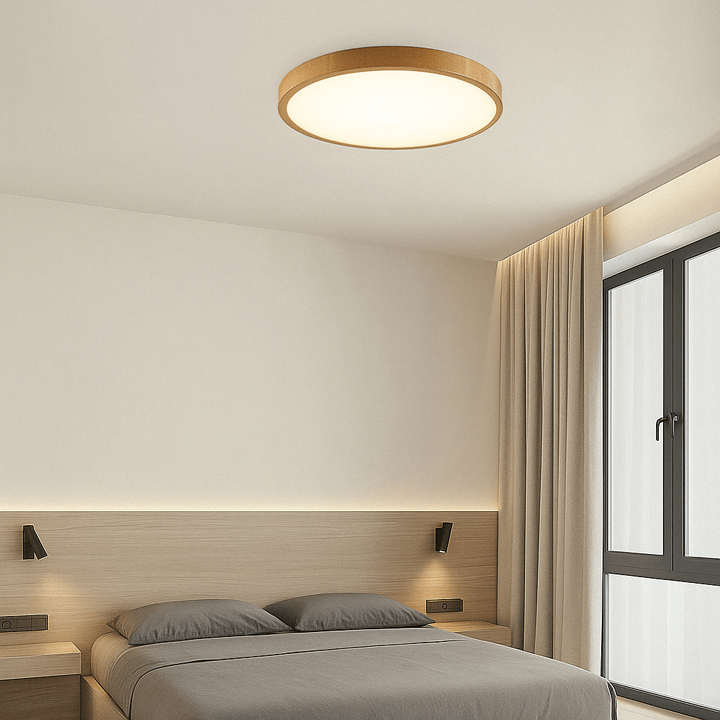 Light wood-rimmed round ceiling light glowing warmly over a minimalist bedroom with a wooden headboard and grey bedding. 13