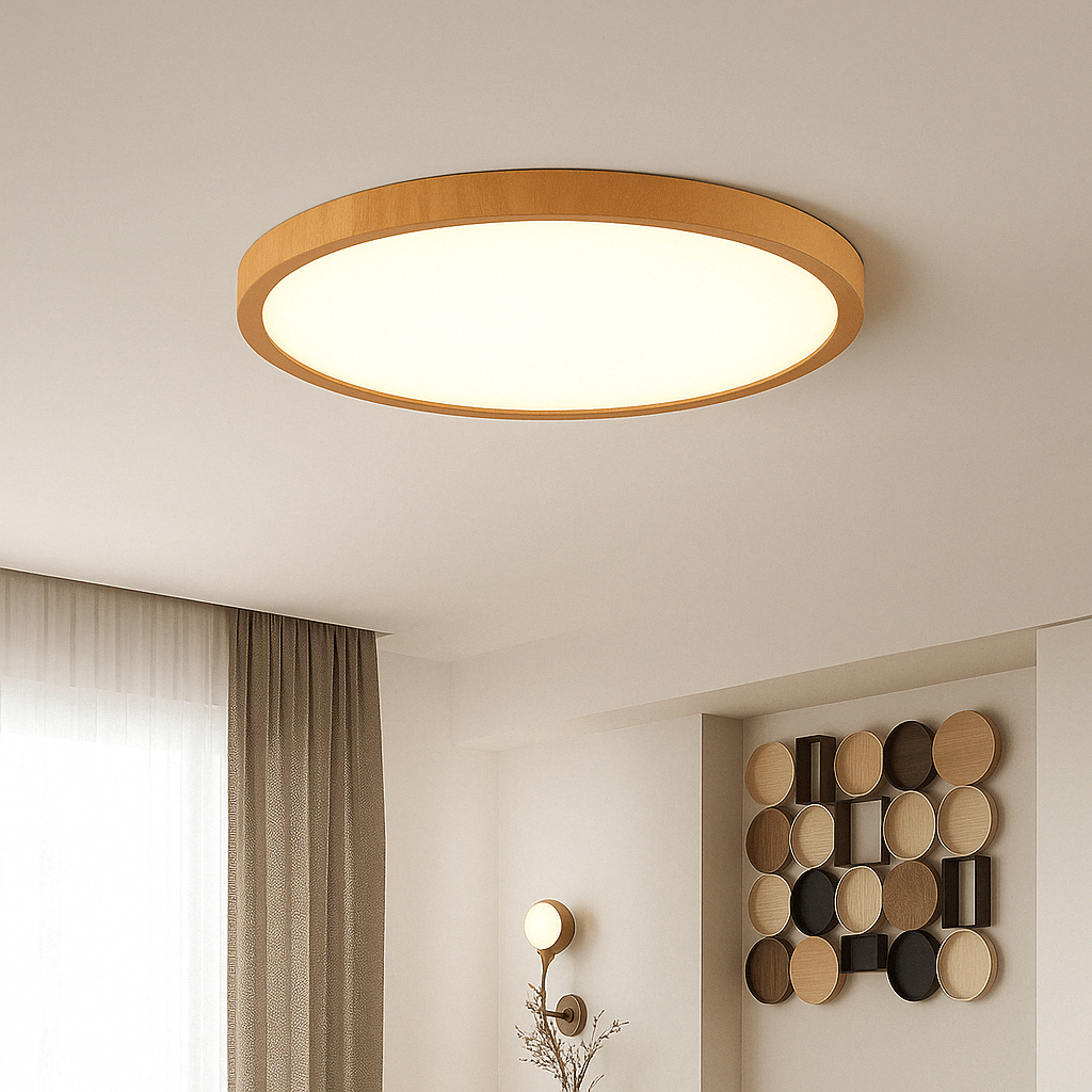 Light natural wood-finish round light switched on in the same living space with curtains and wooden disc wall art. 14