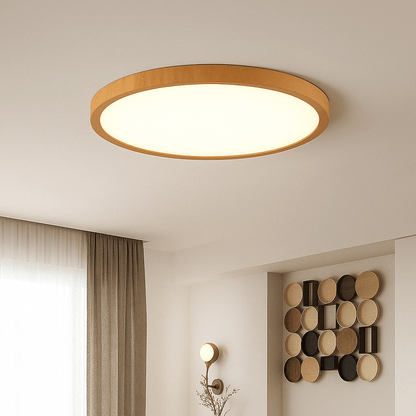 Light natural wood-finish round light switched on in the same living space with curtains and wooden disc wall art. 14