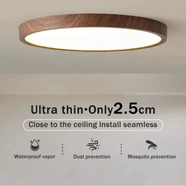 Walnut-finish light on the ceiling with icons showing it is moisture-resistant, dustproof and keeps mosquitoes out. 15