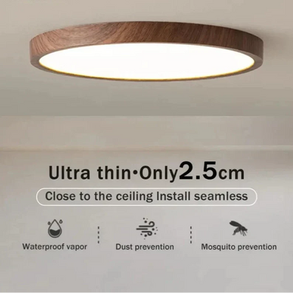 Walnut-finish light on the ceiling with icons showing it is moisture-resistant, dustproof and keeps mosquitoes out. 15