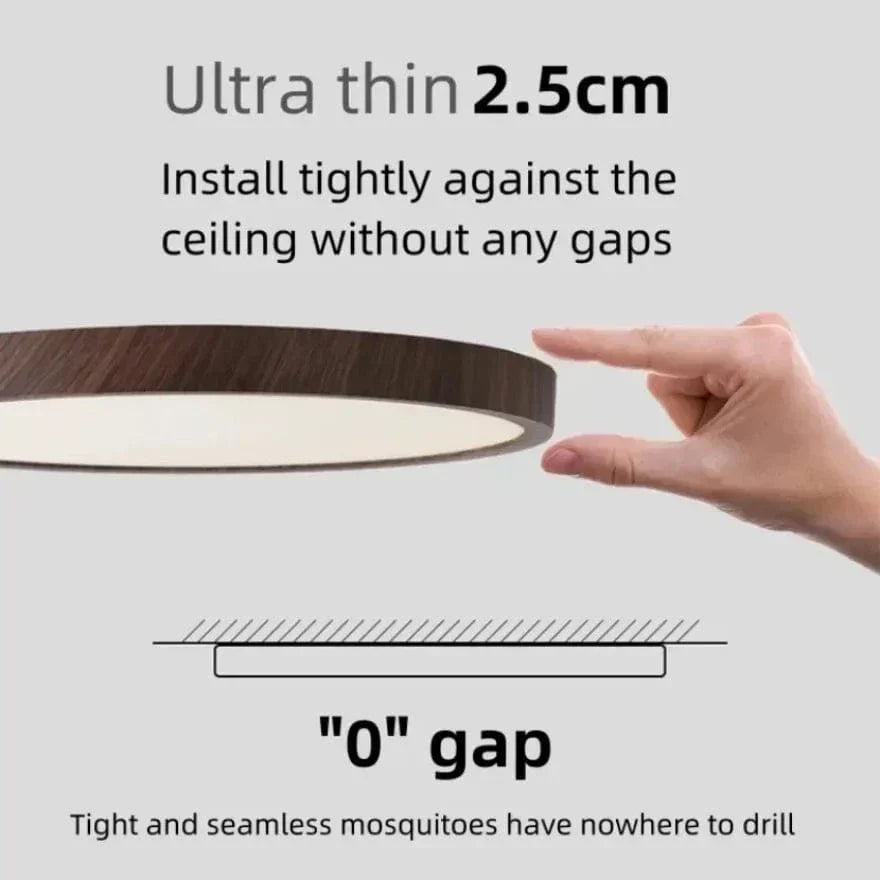 Hand held beside the thin walnut-finish light, with a diagram showing it sits against the ceiling with no gap. 16
