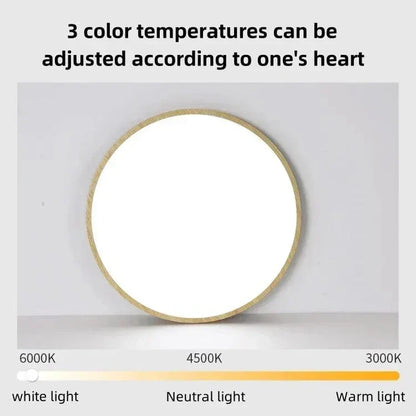 Light wood-finish round light with a colour temperature scale running from white through neutral to warm light. 18