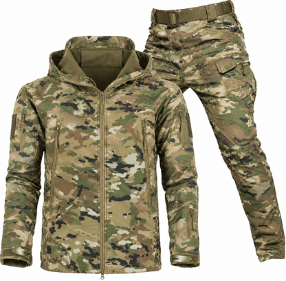 Camouflage jacket and trousers set with open hood showing the soft fleece lining, zipped sleeve pockets and a belted waist. 14