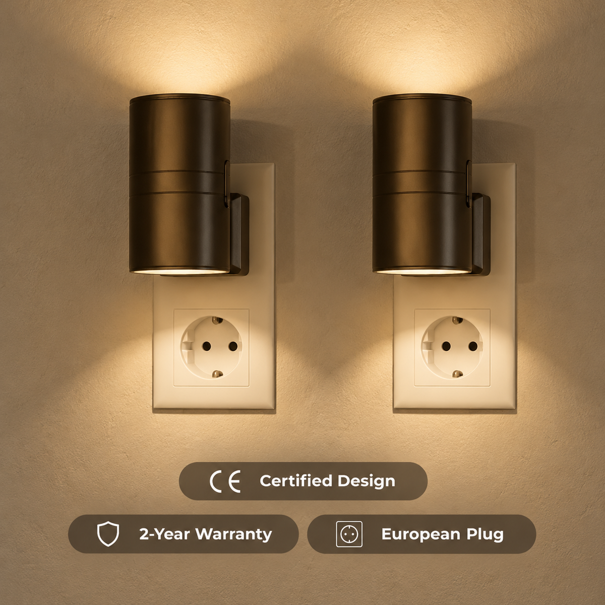 Two black cylindrical plug-in wall lights glowing warm up and down from white sockets 1