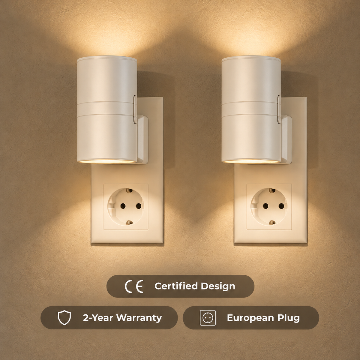 Pair of white cylindrical plug-in wall lights casting warm light up and down from sockets 2