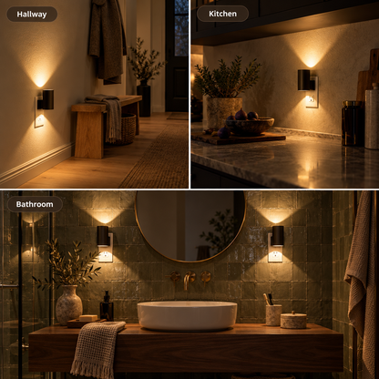 Three-panel collage of the light glowing in a hallway, a kitchen and a bathroom 5