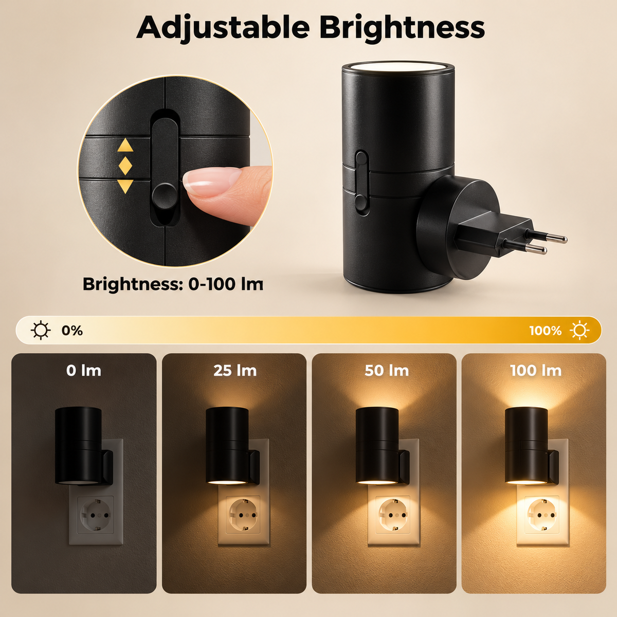 Close-up of the brightness slider with four wall comparisons from off to full brightness 7