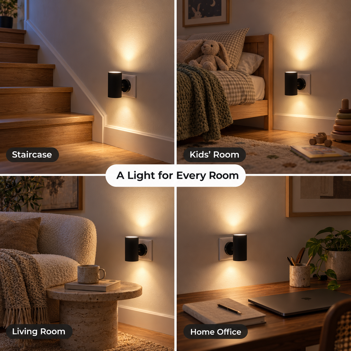 Four-panel collage of the light in use on a staircase, kids' room, living room and home office 8