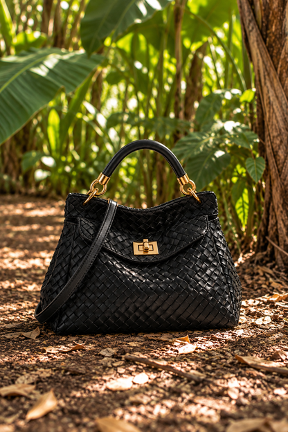 Black woven bag with gold turn-lock and strap, resting on leaf-strewn ground among tropical foliage 1