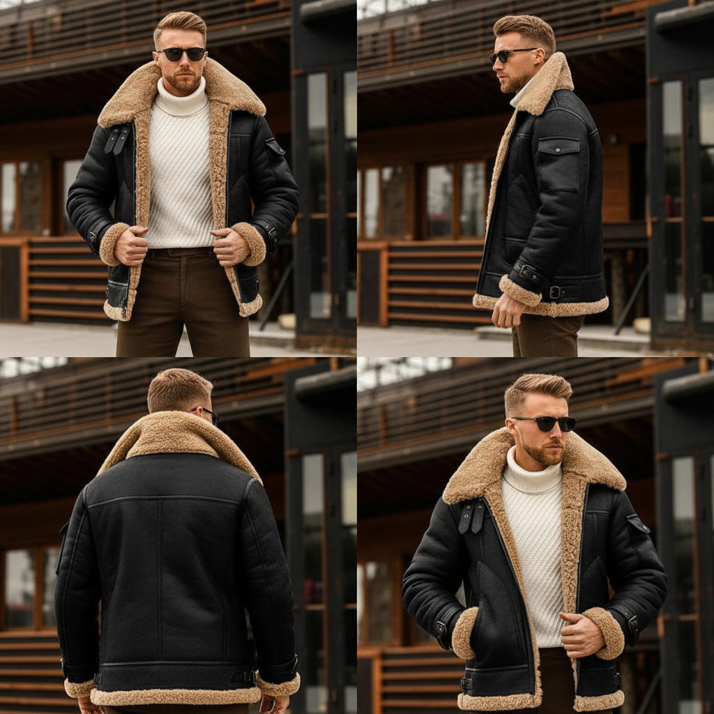 Four-panel collage showing the black jacket from the front, side, back and a casual hands-in-pockets pose 3