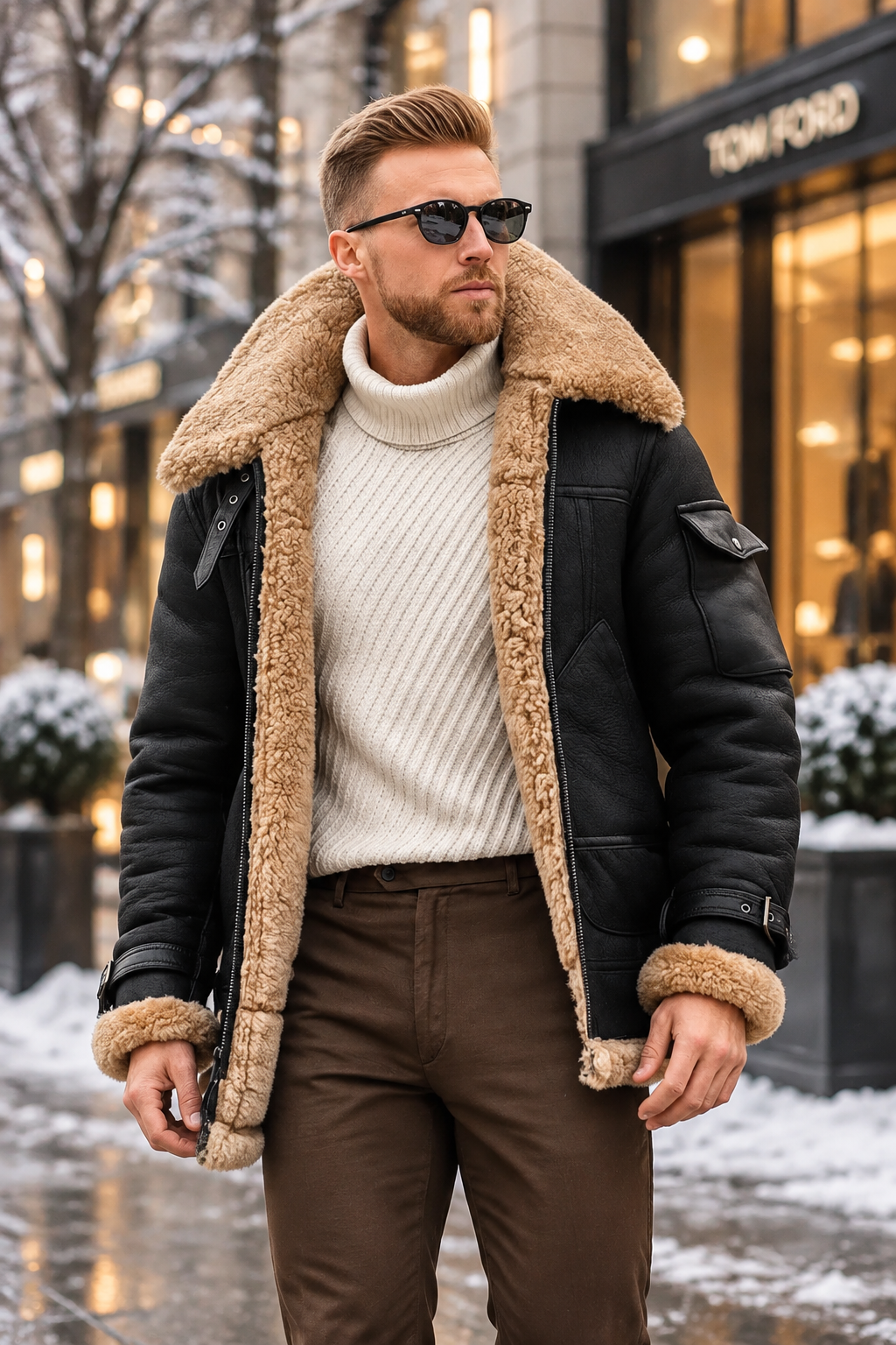 Model in black shearling jacket with wide fleece collar, cream roll-neck and brown trousers on a snowy street 1