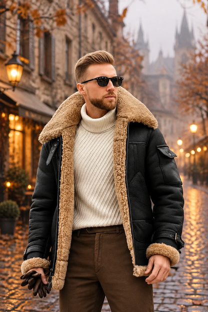 Man in black shearling-lined jacket and cream roll-neck jumper on an autumn cobbled street at dusk 1