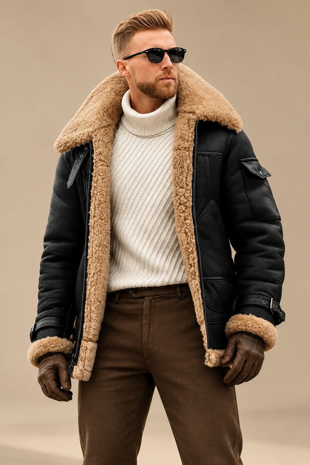 Man in black sheepskin pilot jacket with open shearling collar, cream roll-neck jumper, brown trousers and leather gloves 1