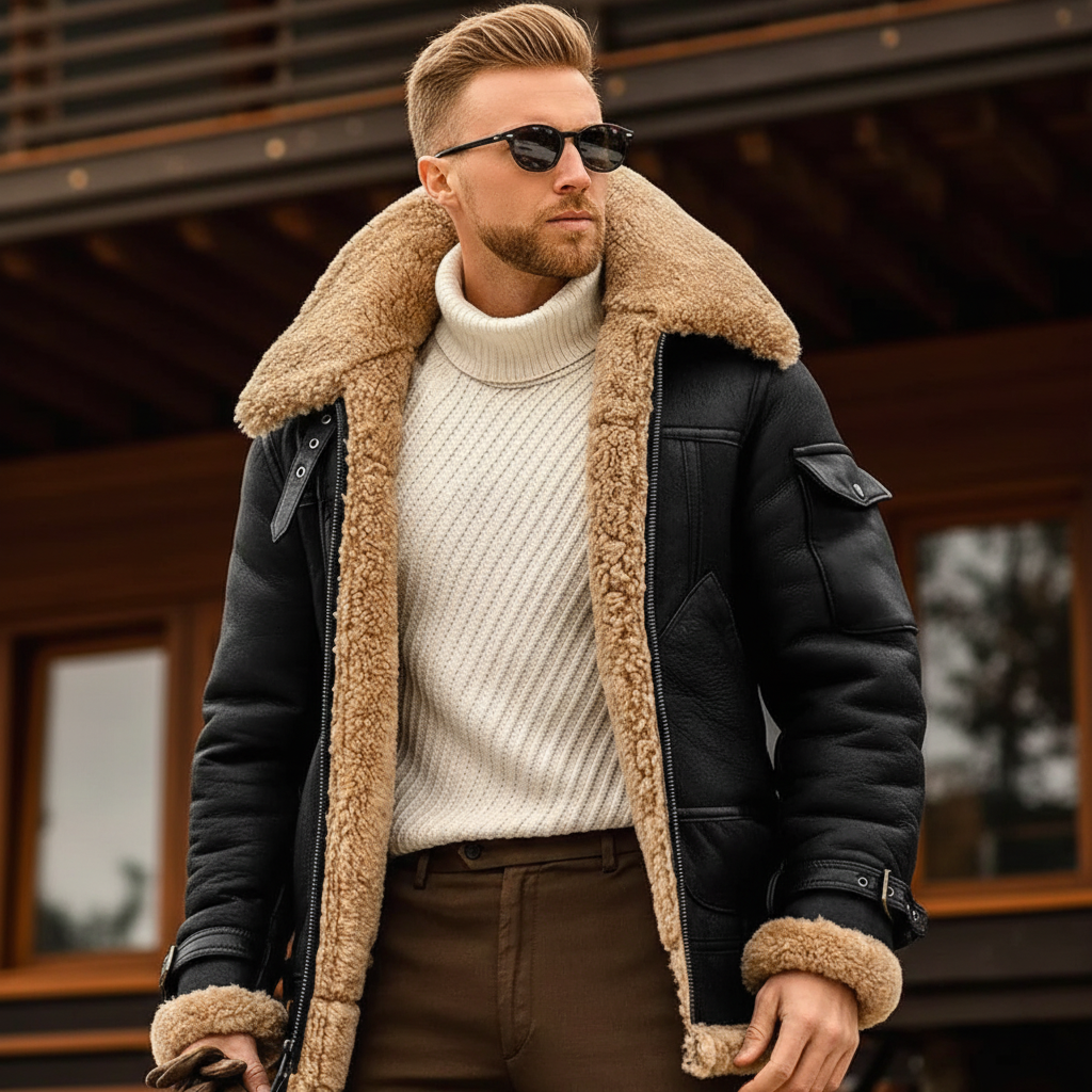 Close three-quarter view of the black jacket with its wide fleece collar, worn over a cream roll-neck 2