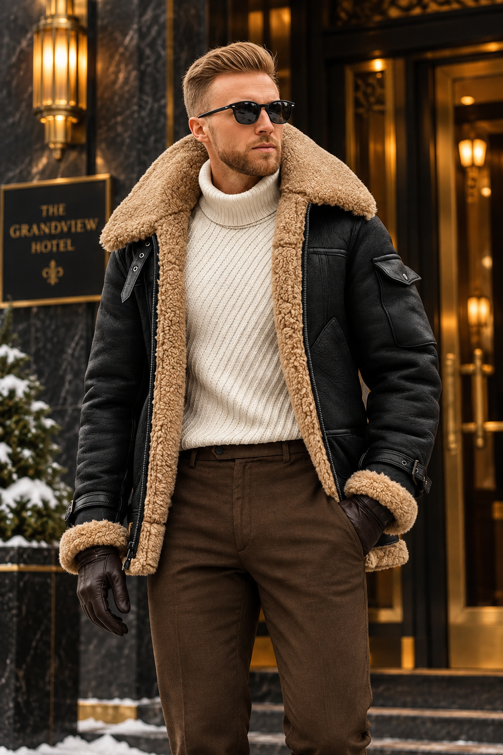 Model in black shearling jacket with cream roll-neck, brown trousers and leather gloves outside a marble and gold entrance 1