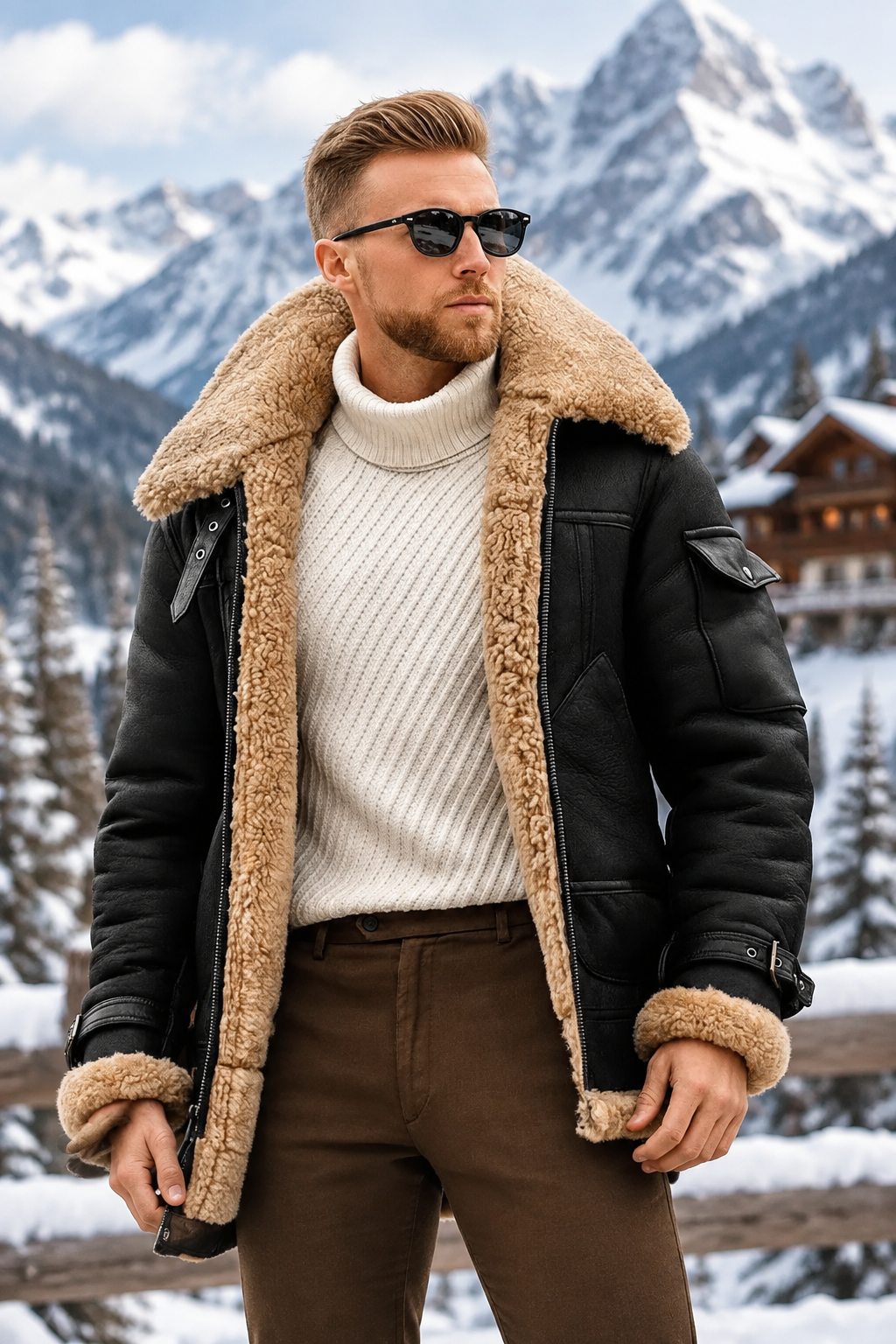 Man in black shearling-lined jacket over a cream roll-neck, standing before snowy mountains and a timber chalet 1
