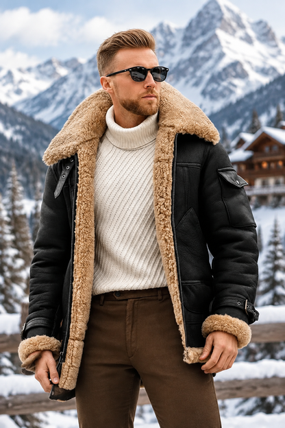 Man in black shearling-lined jacket over a cream roll-neck, standing before snowy mountains and a timber chalet 1