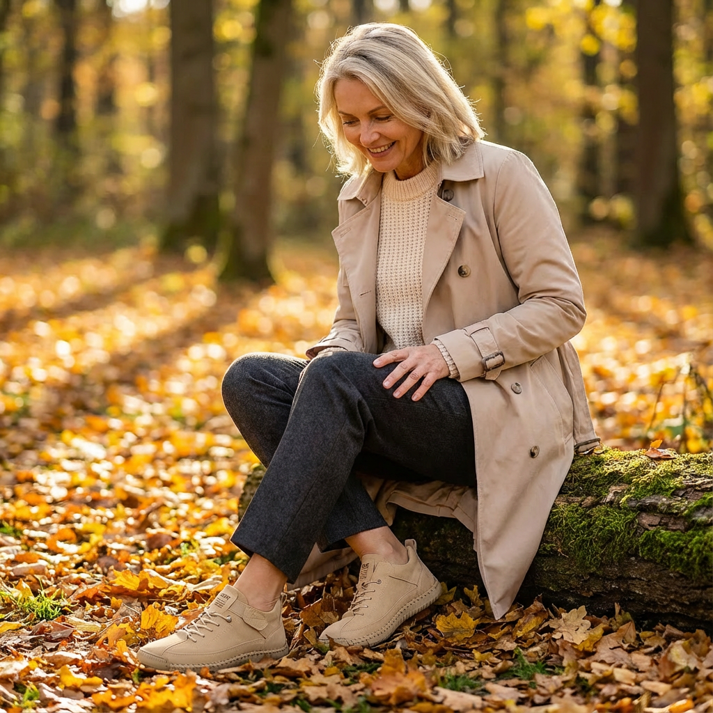 Woman in a beige trench coat sitting on a mossy log among autumn leaves, wearing beige lace-up trainers. 15