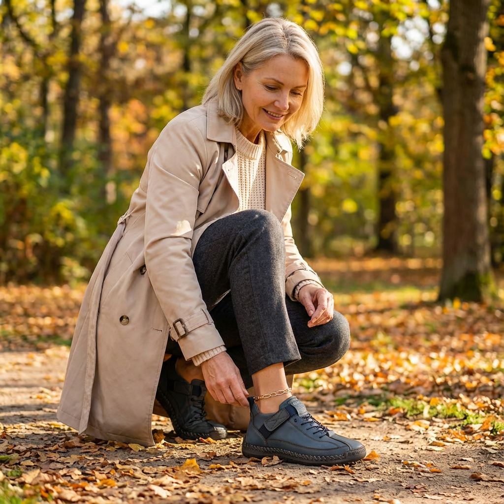 Woman crouching on an autumn path in a trench coat, adjusting a blue-grey trainer on her foot. 20