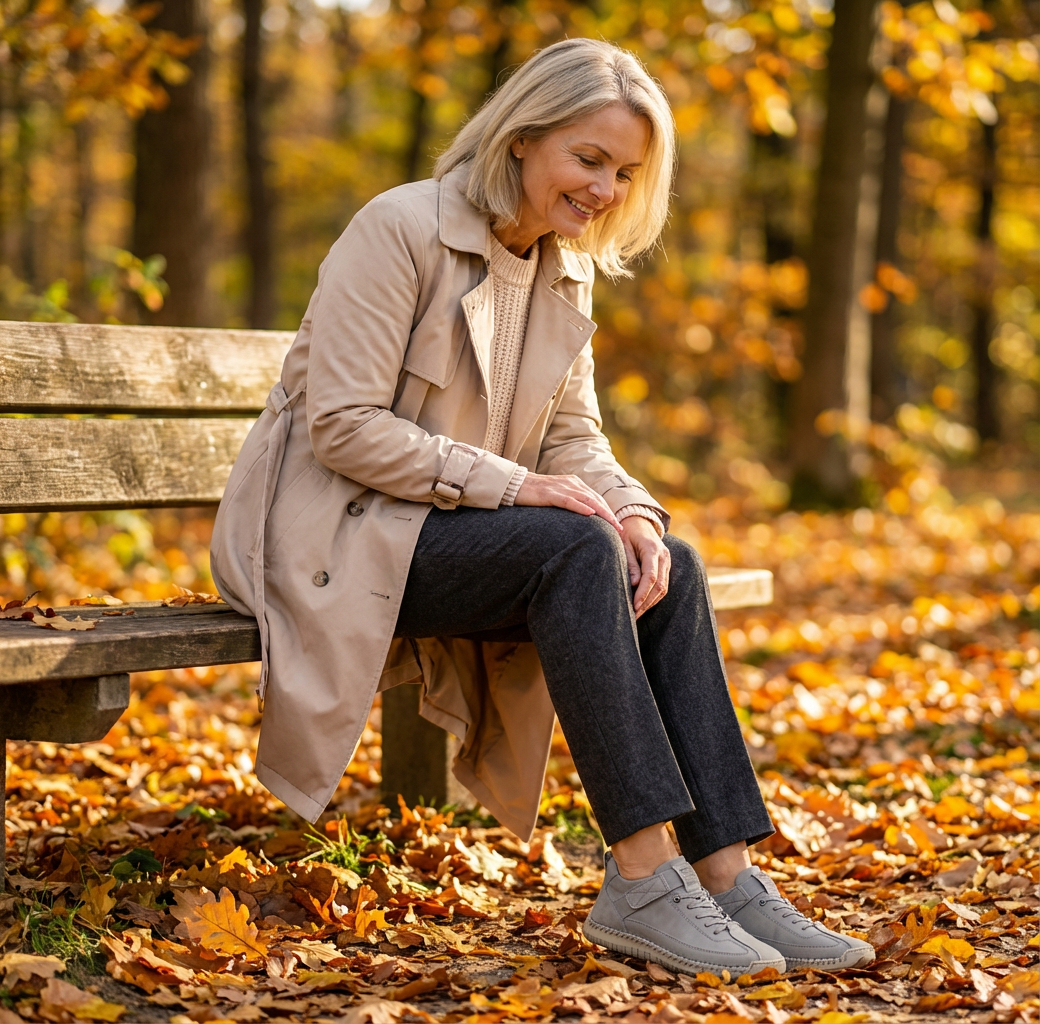 Woman in a trench coat sits on a leaf-strewn bench, smiling down at her grey walking trainers with strap and laces. 22