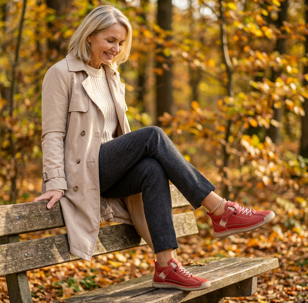 Woman on an autumn park bench raises one foot to show off her red lace-up trainers with side strap and rope-style sole. 23