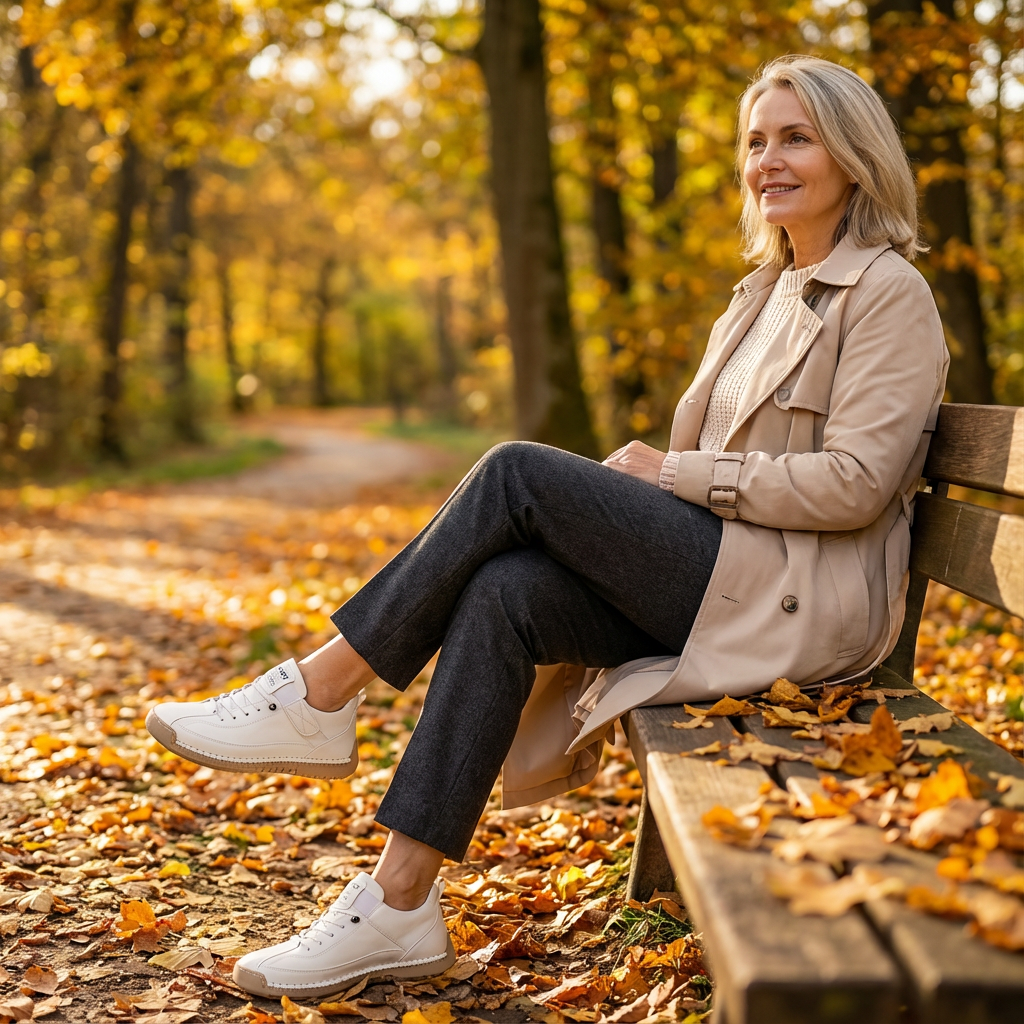 Smiling woman in a trench coat sitting on a park bench in autumn, wearing white lace-up trainers with legs crossed. 16