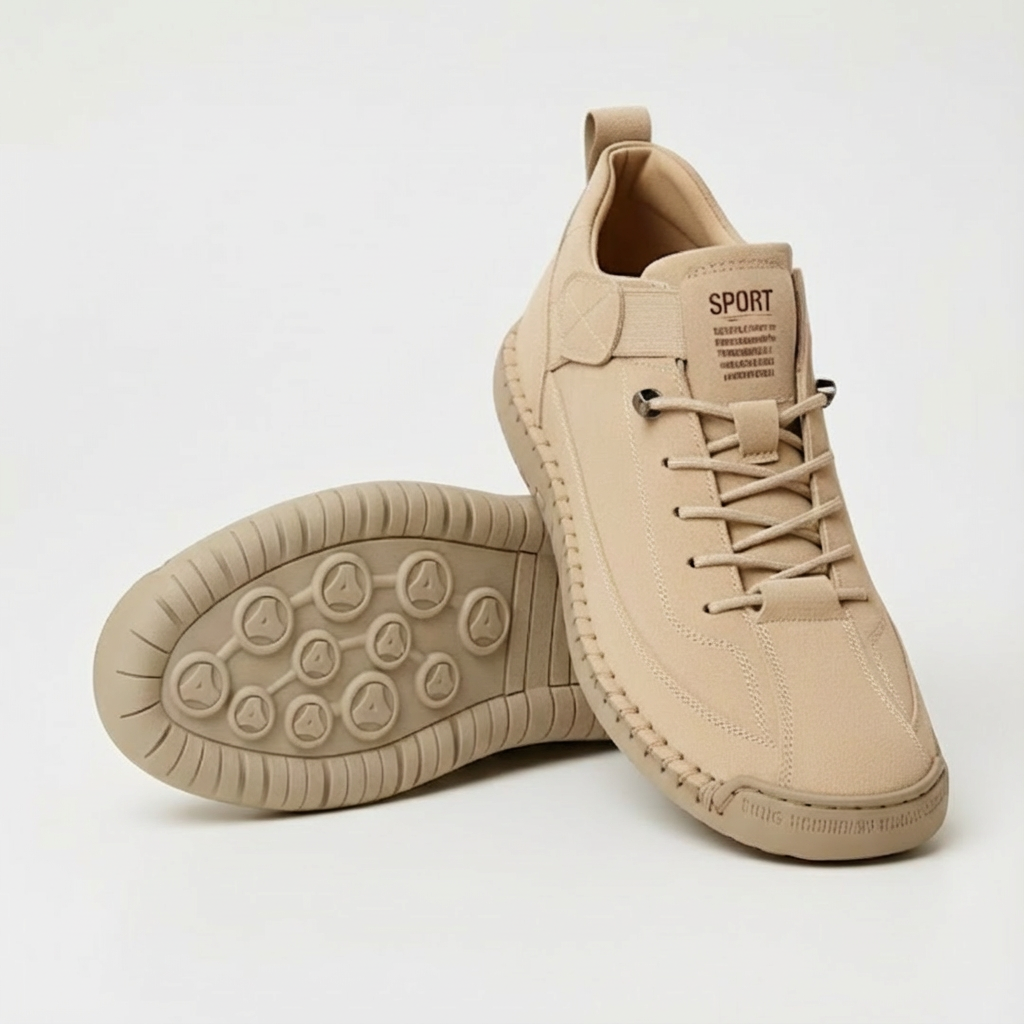 Beige suede-look lace-up trainers, one shoe upright and one on its side showing the studded, ridged tan sole. 1