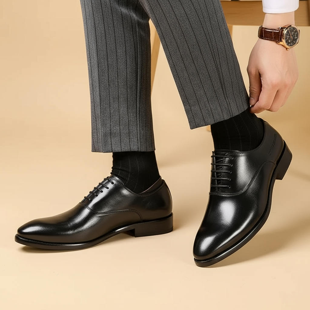 Black leather lace-up shoes on a model in grey pinstripe trousers, adjusting the trouser hem 3