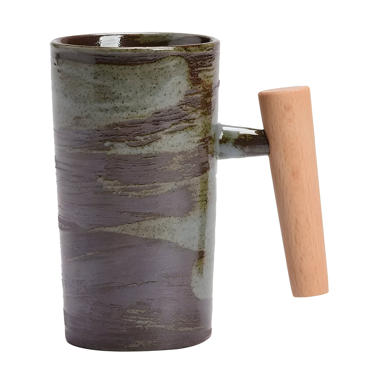 Glazed mug with green, grey and purple-brown brush strokes and a wooden handle, shown on a plain white background 7
