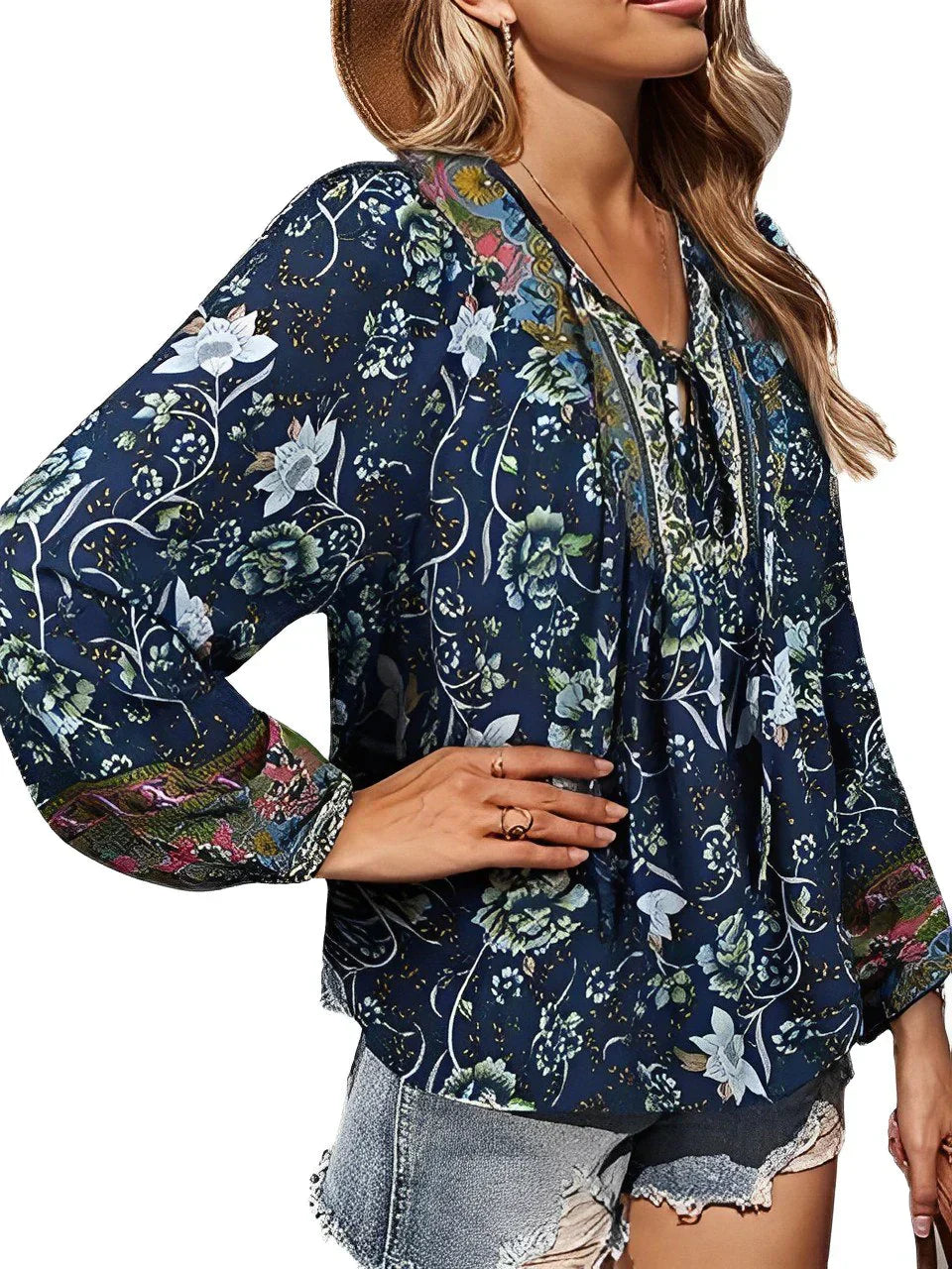 Vintage boho autumn blouse with floral print and long sleeves – Sana