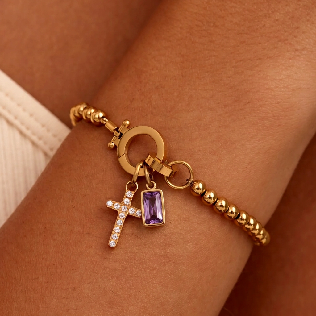 Nova Bead Birthstone Bracelet with Cross Charm 17