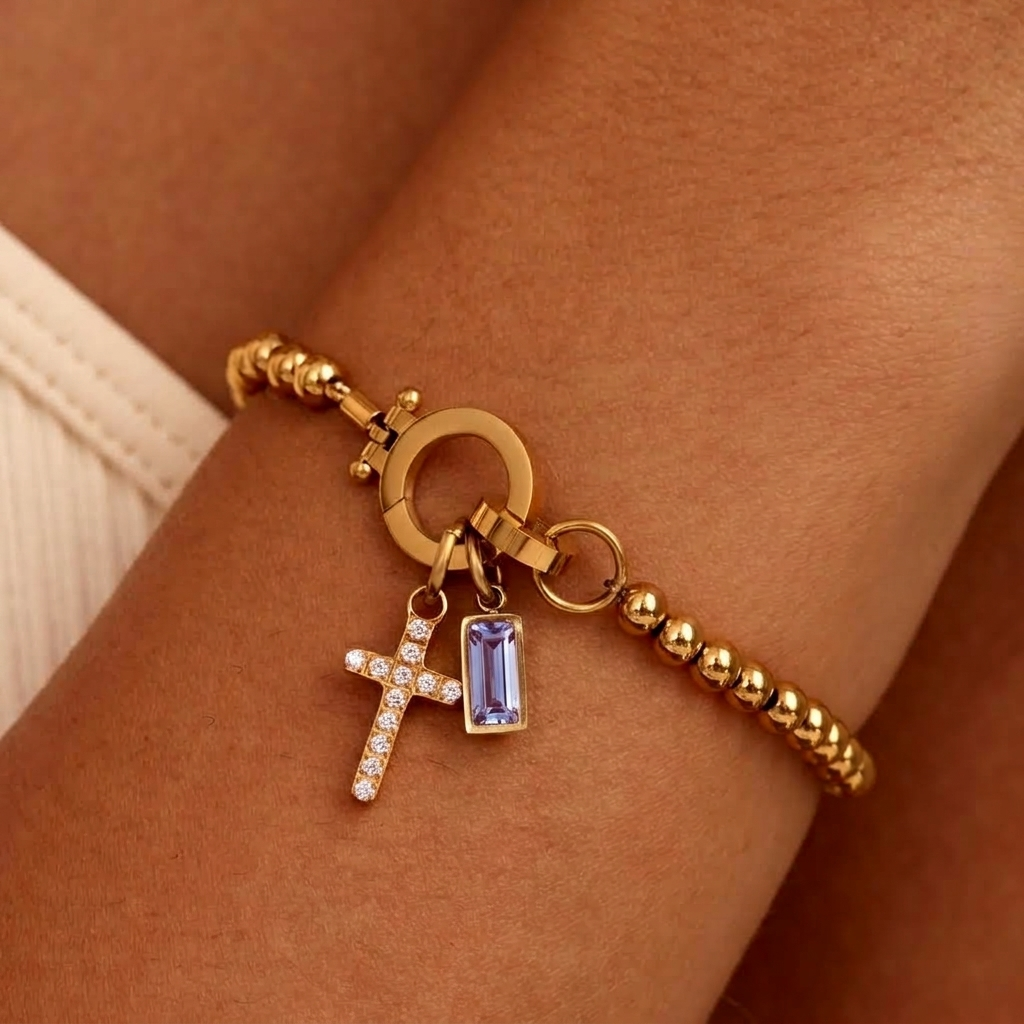 Nova Bead Birthstone Bracelet with Cross Charm 25