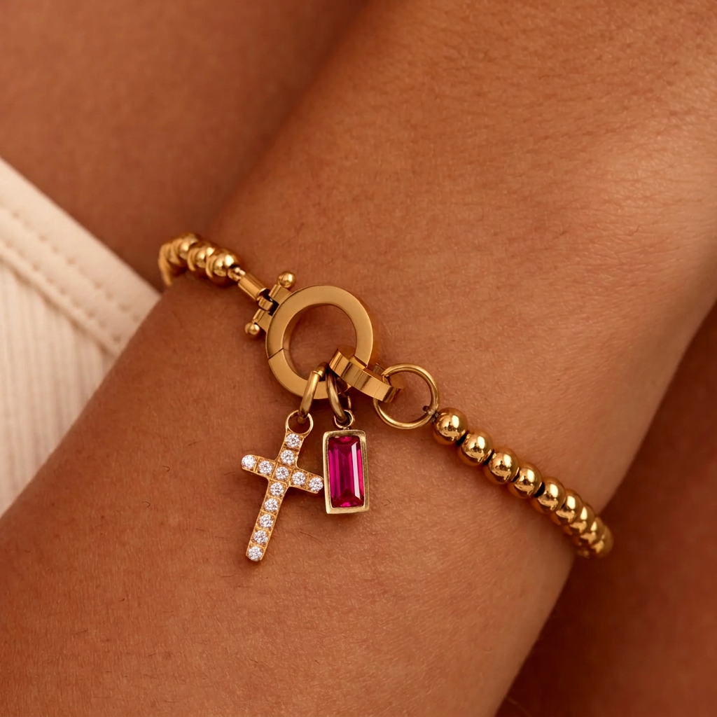 Nova Bead Birthstone Bracelet with Cross Charm 27