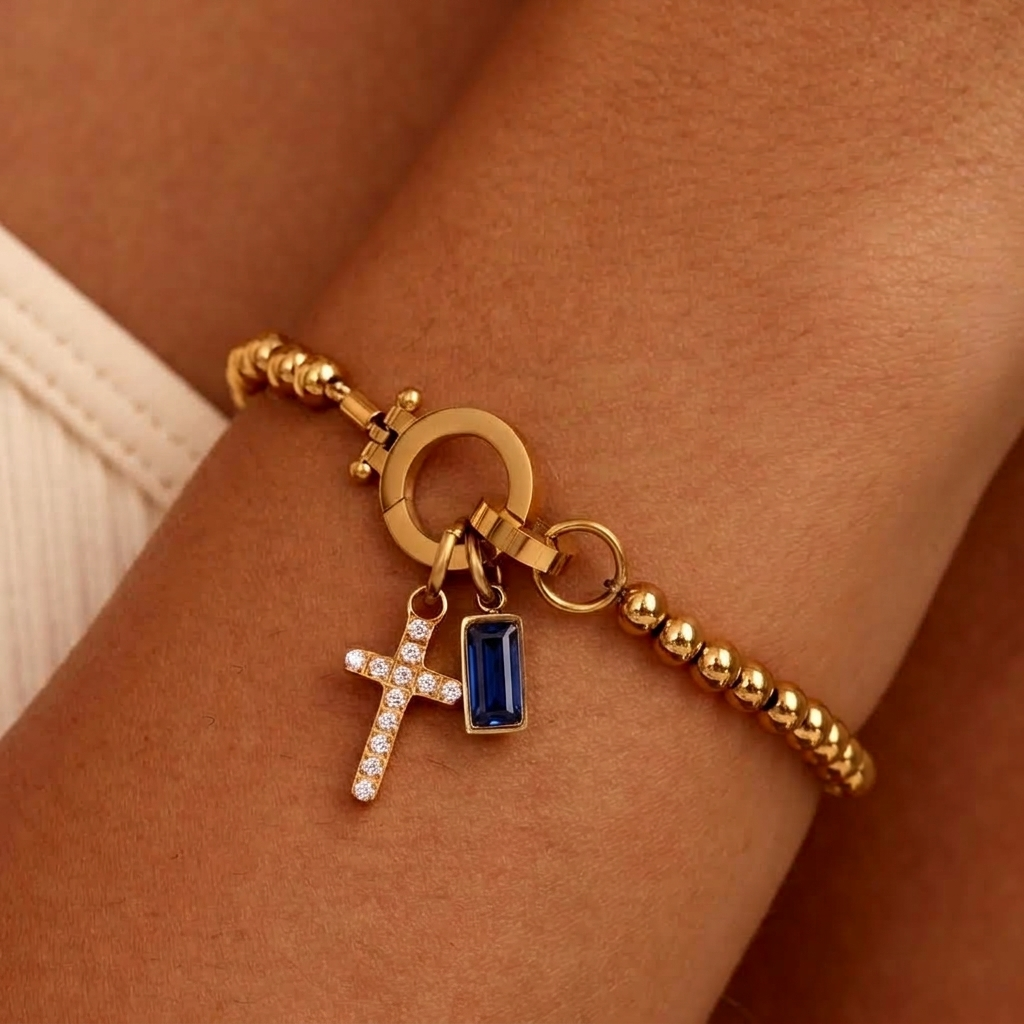 Nova Bead Birthstone Bracelet with Cross Charm 31