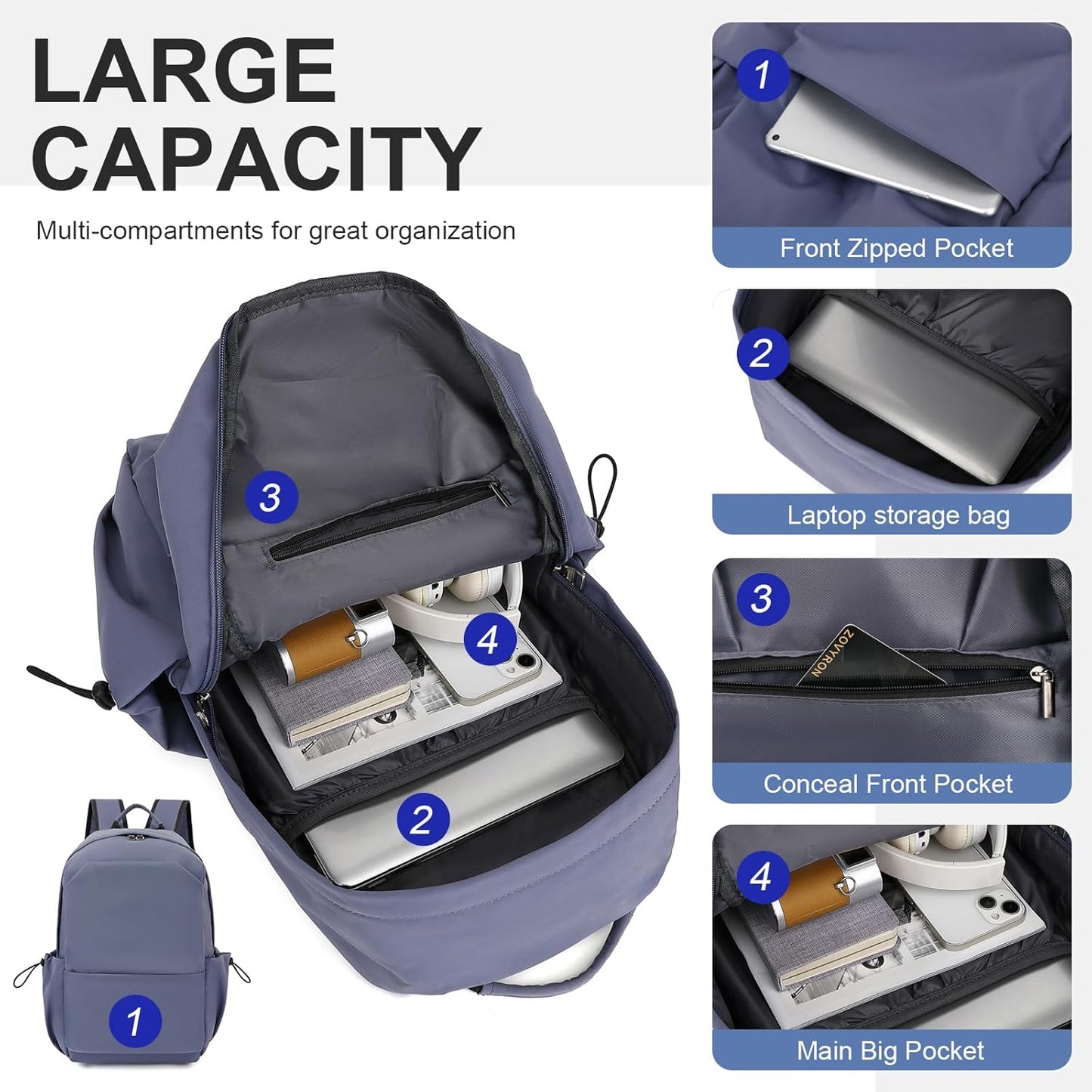 Lightweight, water-repellent laptop and travel bag with organised compartments.