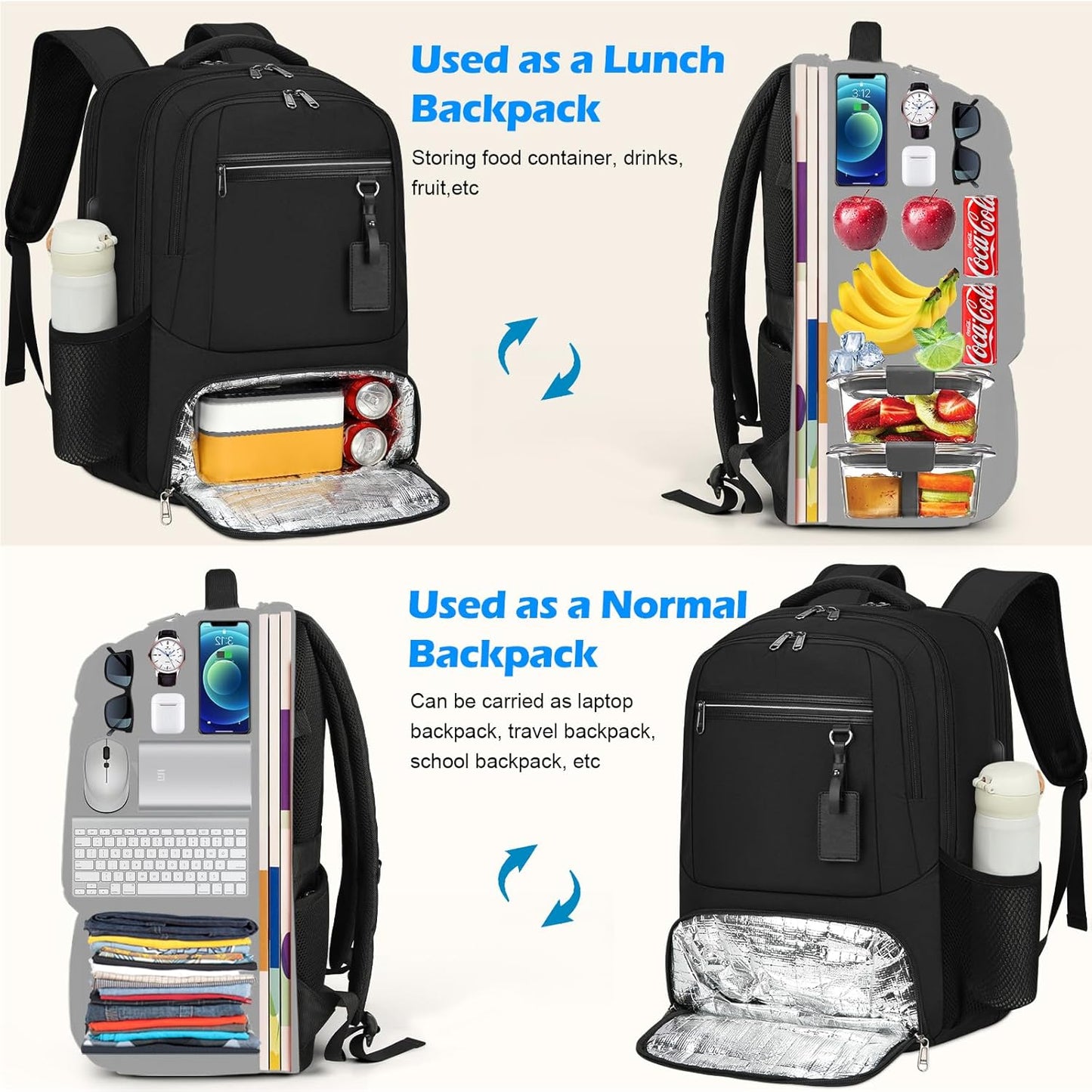 Waterproof laptop and lunch rucksack with USB port – multi-compartment travel bag