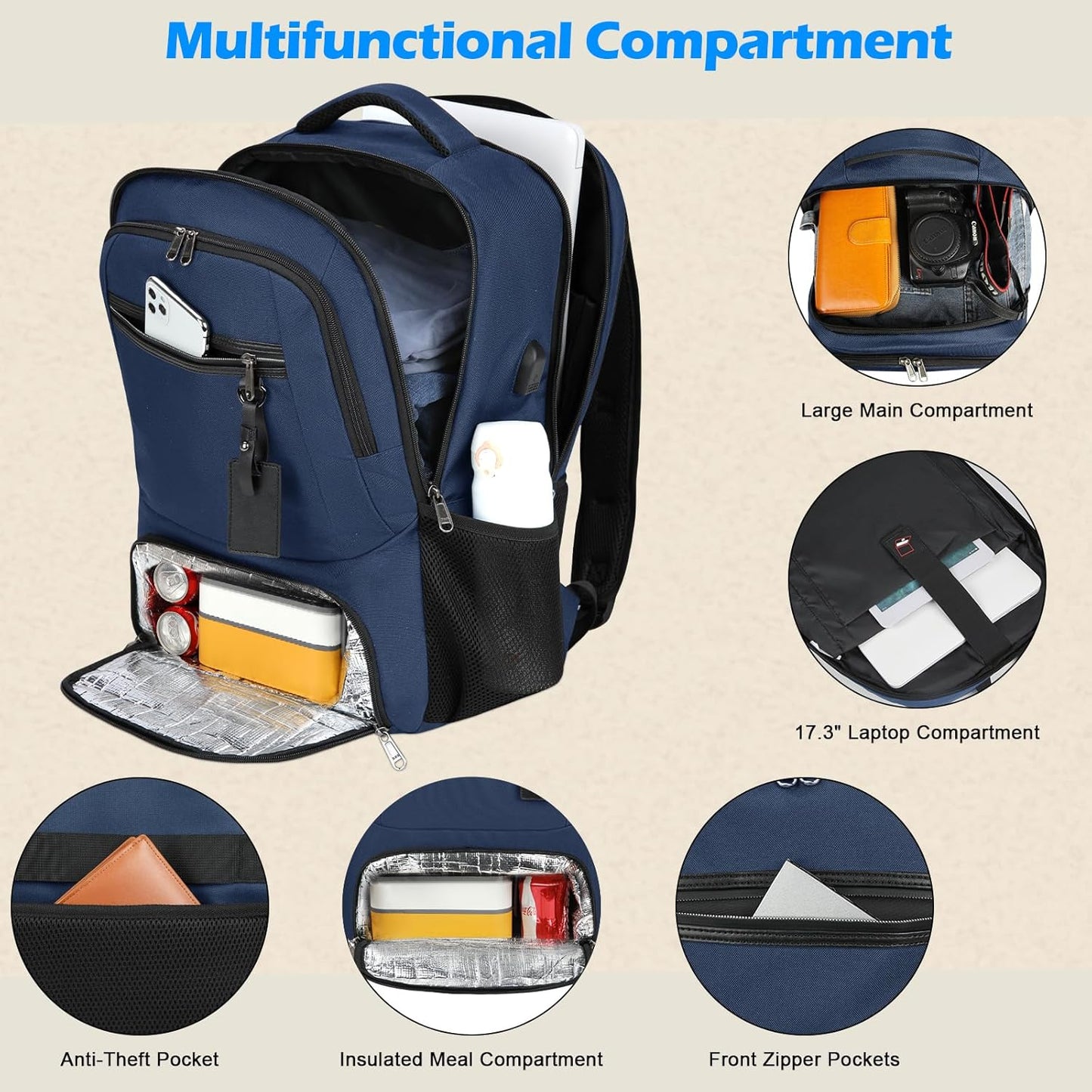 Waterproof laptop and lunch rucksack with USB port – multi-compartment travel bag