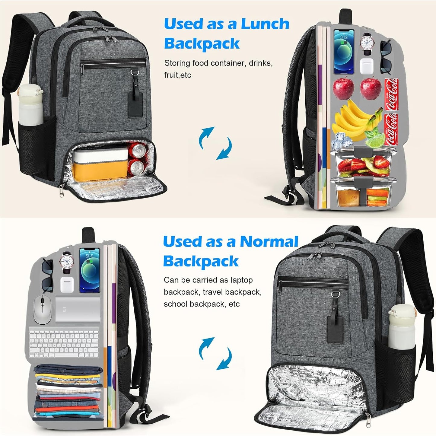 Waterproof laptop and lunch rucksack with USB port – multi-compartment travel bag
