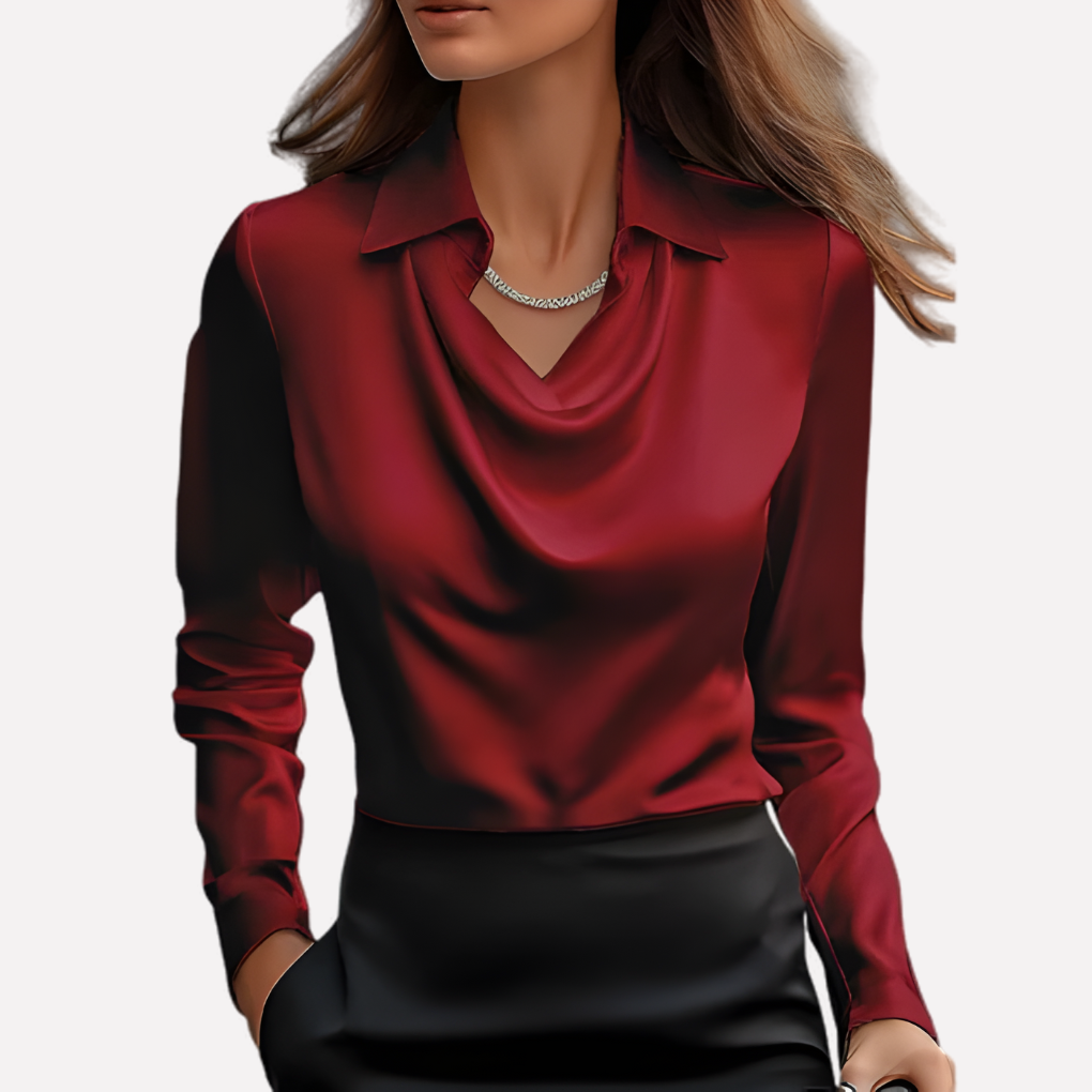 Model wearing the deep red satin blouse with a soft cowl neckline and collar, tucked into a black skirt 4