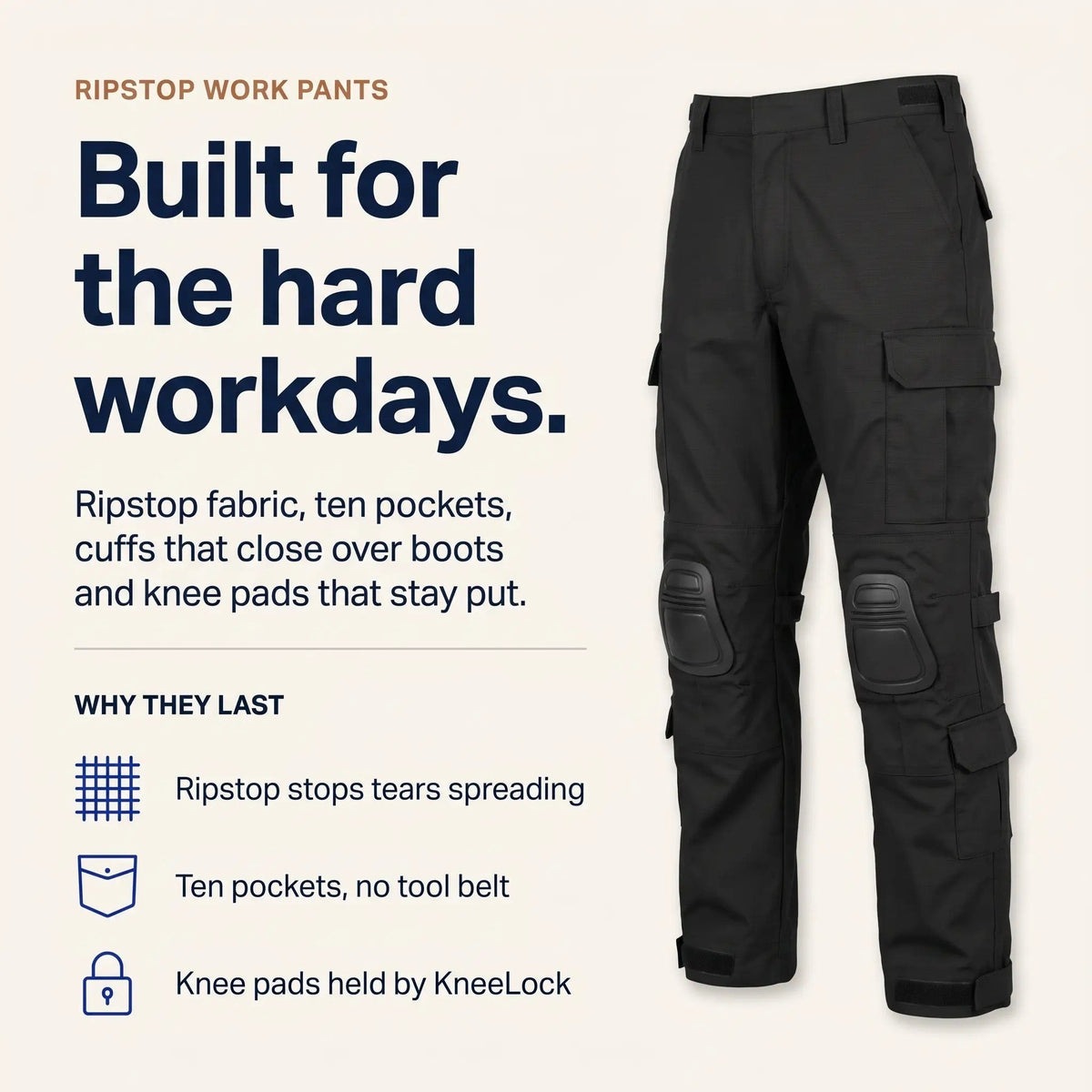 Promotional graphic of the black trousers beside short notes on ripstop fabric, ten pockets and knee pads that stay in place. 4